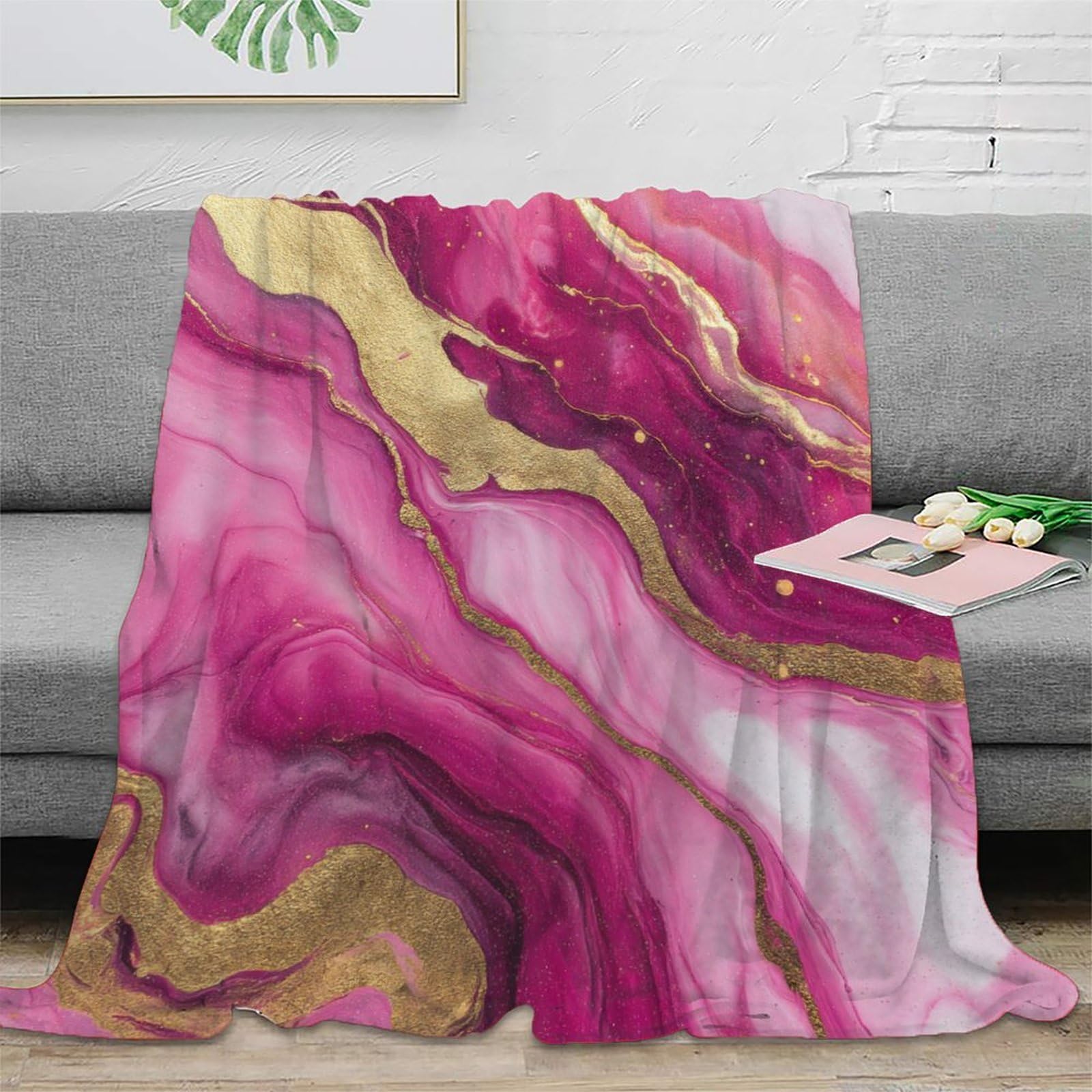Couverture polaire 150x200cm motif marbre rose, le cadeau d'emménagement idéal