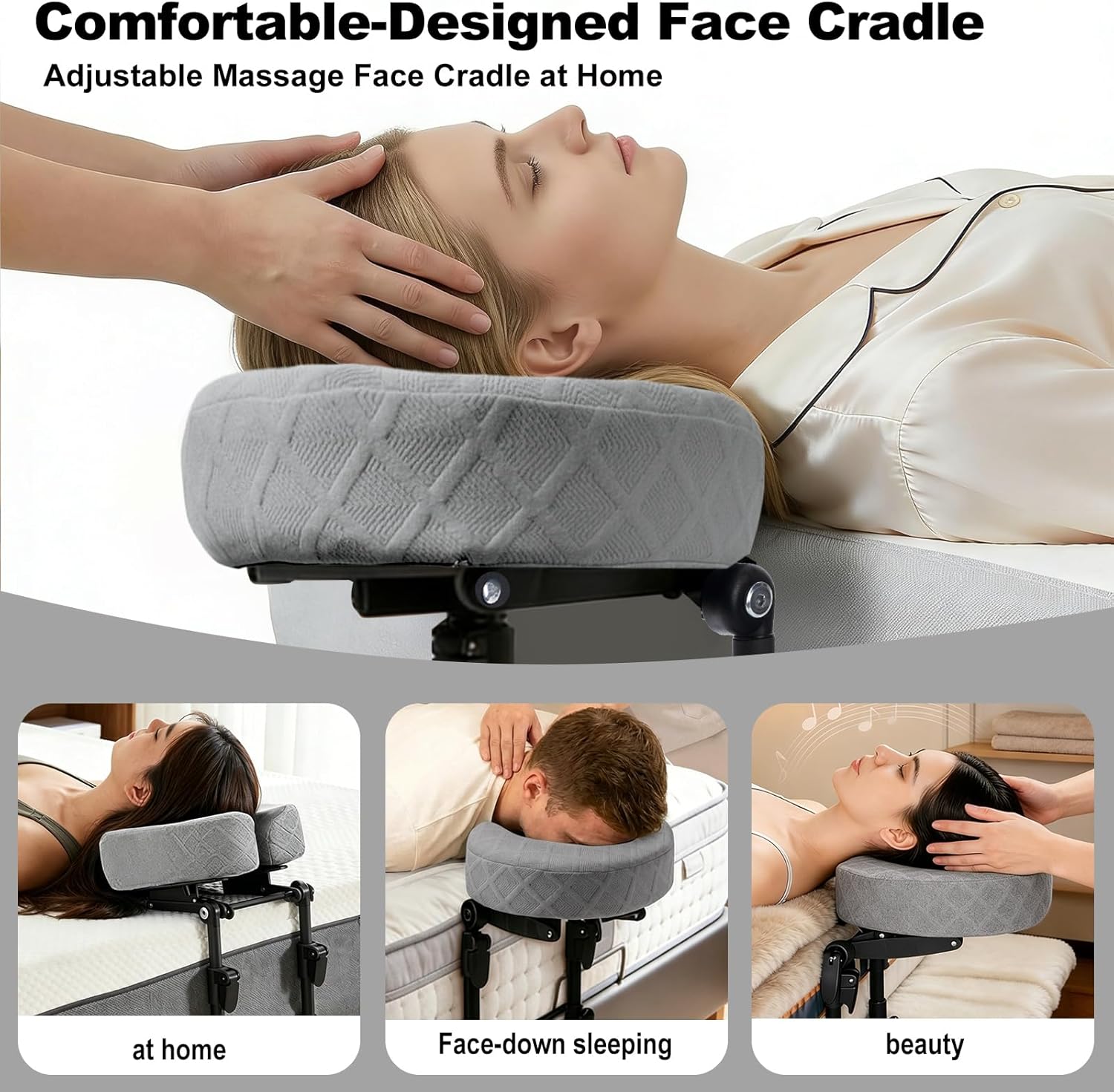 Massage Headrest for Bed, Adjustable Height Memory Foam Face Cradle with Washable Pillowcase, Gray