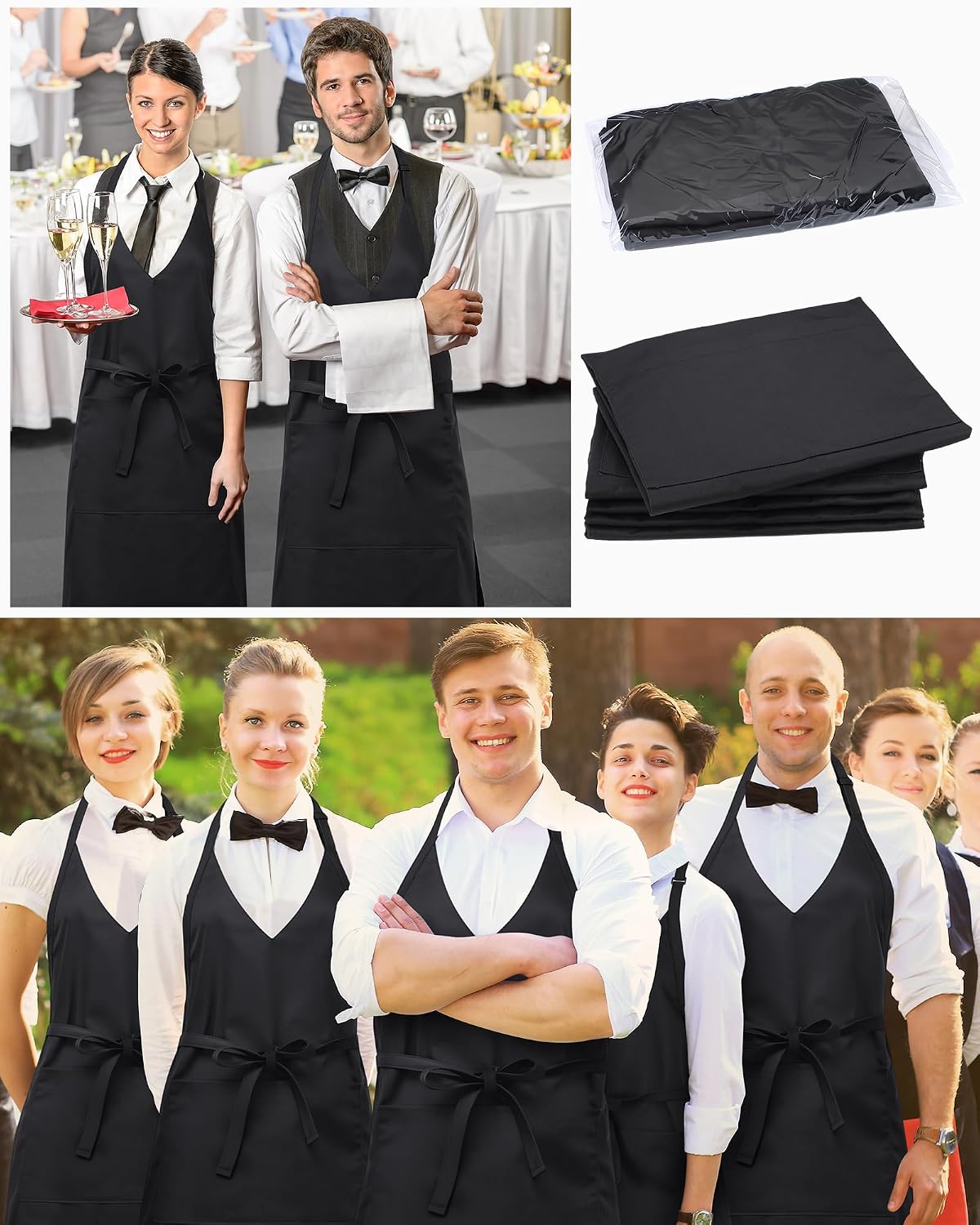 Liitrsh 5 Pcs Unisex V Neck Aprons 2 Pockets Adjustable Black Tuxedo Server Aprons with Long Waist Tie Formal Waiter Pinafore for Banquet Event Server Waiter Bistro Chef Restaurant