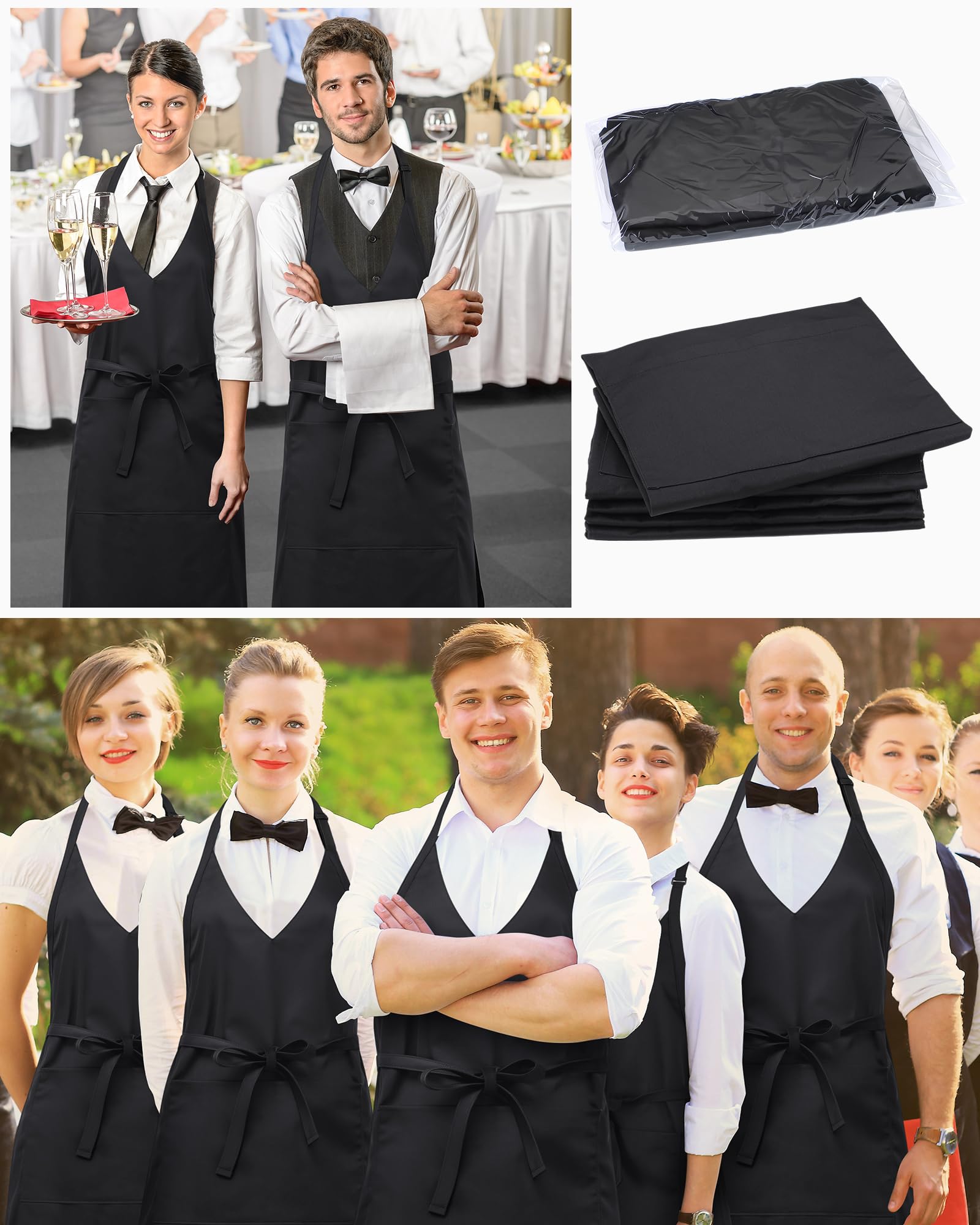 Liitrsh 5 grembiuli unisex con scollo a V, 2 tasche, regolabili, neri, con cravatta a vita lunga, grembiule formale per cameriere, per banchetti, eventi, camerieri, bistrot, chef, ristorante