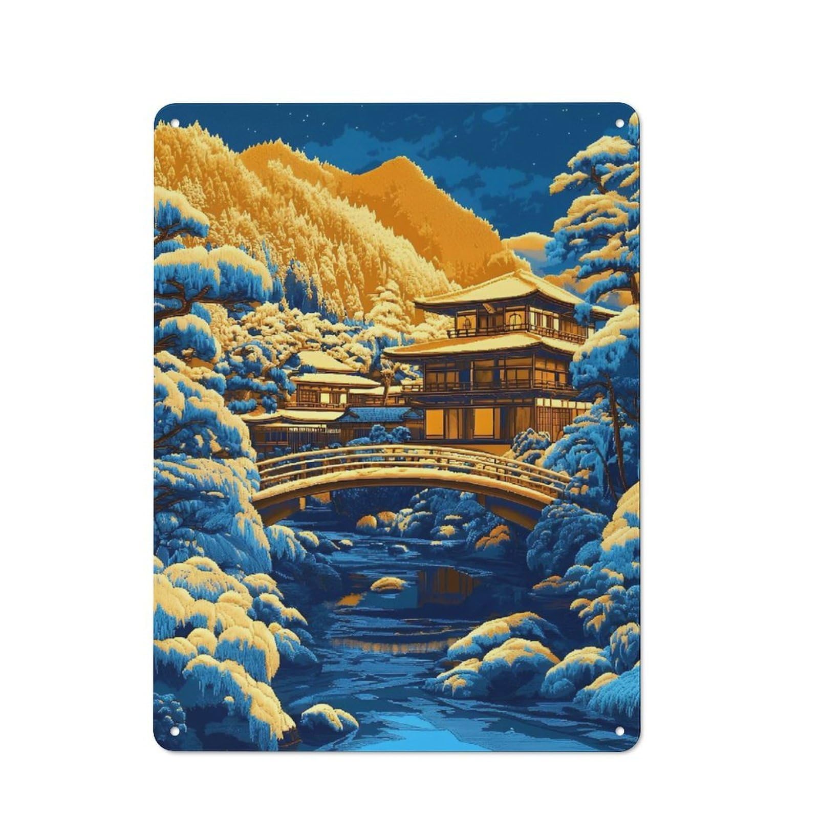 Junmoney Japanese Temple In Winter Landscape Smart Metal Desk Wall Sign 40X30cm, Creative Space Decor For Workspace, Cafe, Shop Or Desk Area