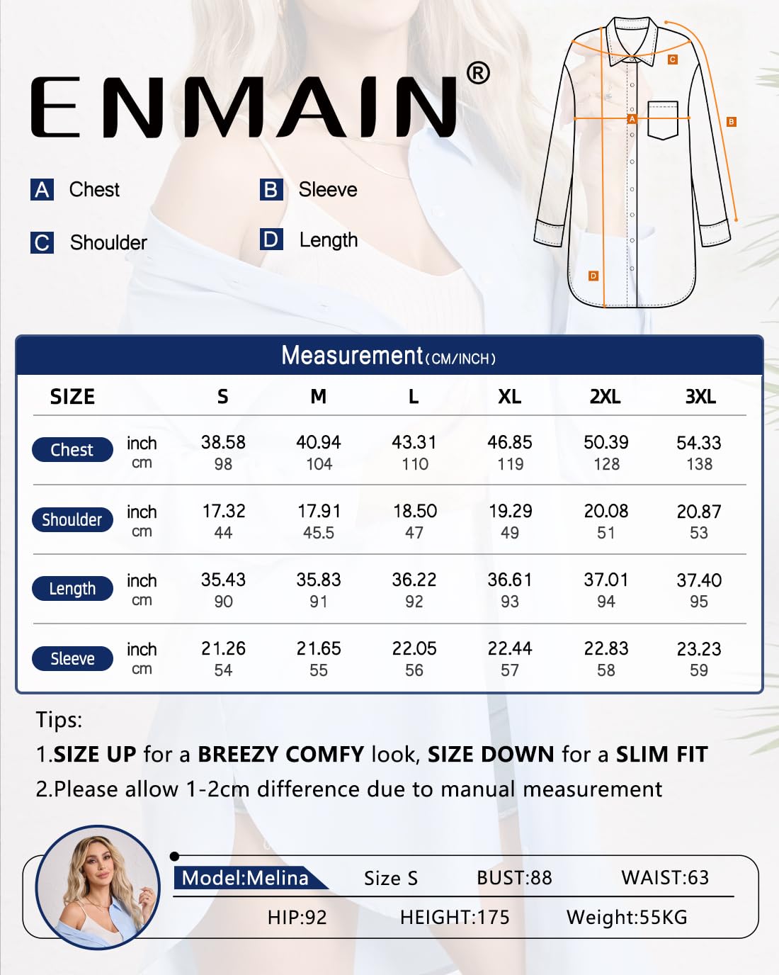 Enmain Chemise Femme Manches Longues Boutonnée Chemisier Robe Longue Blouses en Coton Décontractées avec Poches
