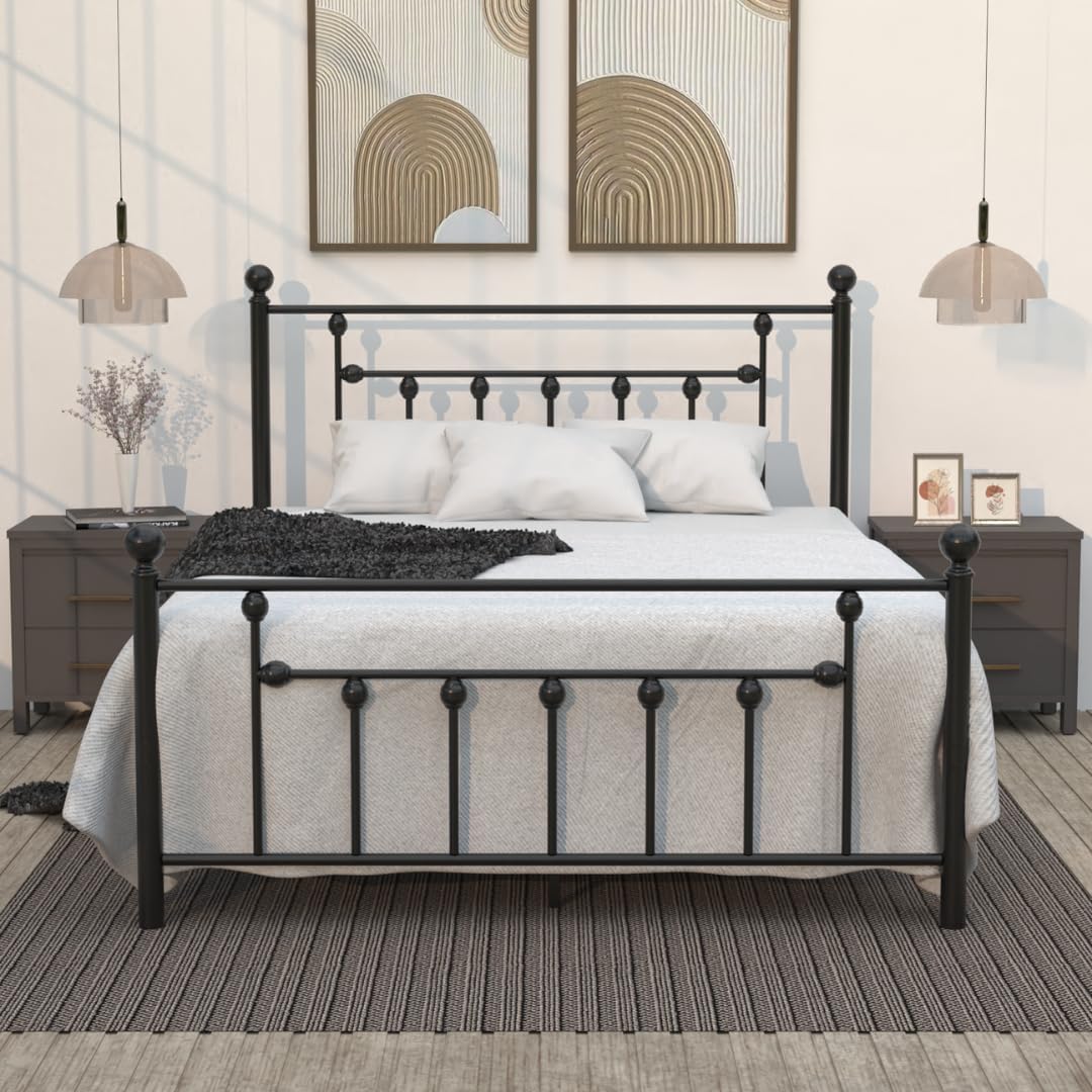 Golden Gate Beds - Victorian Queen Size Black Iron Bed Frame with Headboard & Footboard, 1000 lbs Capacity, Heavy Duty Metal Platform, No Box Spring Needed - Metal Queen Bed Frame with Headboard