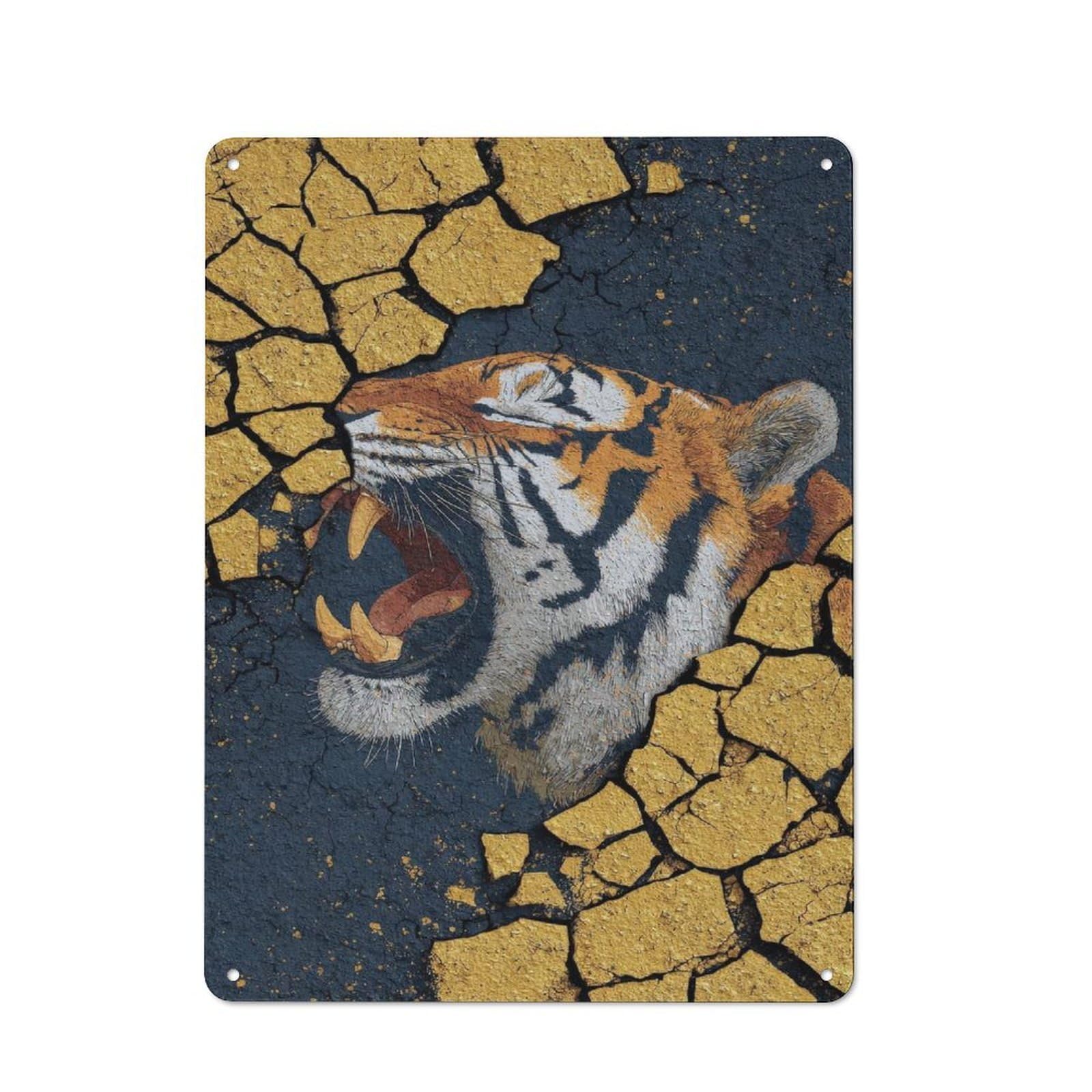 Junmoney Style-6 Roaring Tiger Emerging From Cracked Surface Rustic Metal Plaque 40X30cm For Garage Or Workshop, For Kitchen, Dining Room And Home Bar Wall Decor
