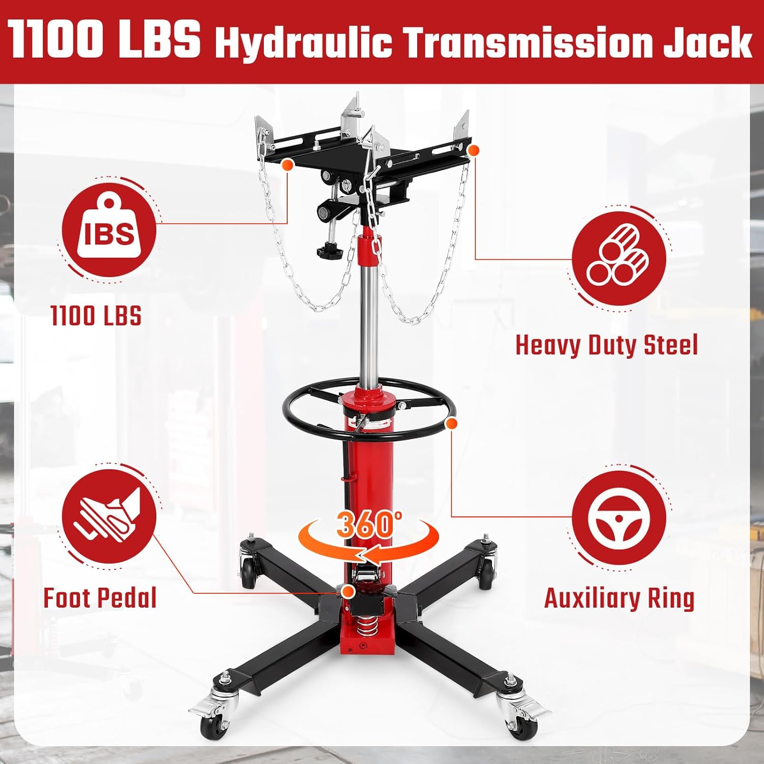 Transmission Jack, 1100 lbs 1/2 Ton, 34"-68" Lifting Range, 2-Stage High Lift Hydraulic Telescopic Jack, Garage Transmission Jack Stand for Car Lift with Foot Pedal and 360° Swivel Wheel