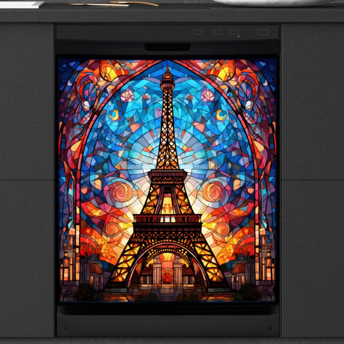 Eiffel Tower Glass Painting Dishwasher Magnet Cover Reusable Decorative Magnetic Door Cover Dishwasher Covers for The Front Magnetic Kitchen Refrigerator Appliance Decor 23 x 26 Inches