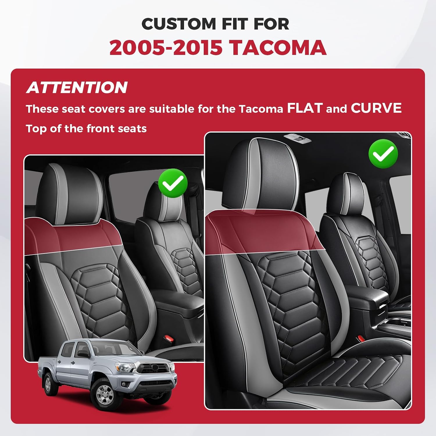 freesoo tacoma seat covers custom fit for toyota tacoma 2005-2015 double crew cab faux leather full set pickup truck seat covers (full set, blackgrey) 2005-2015 full set black-grey
