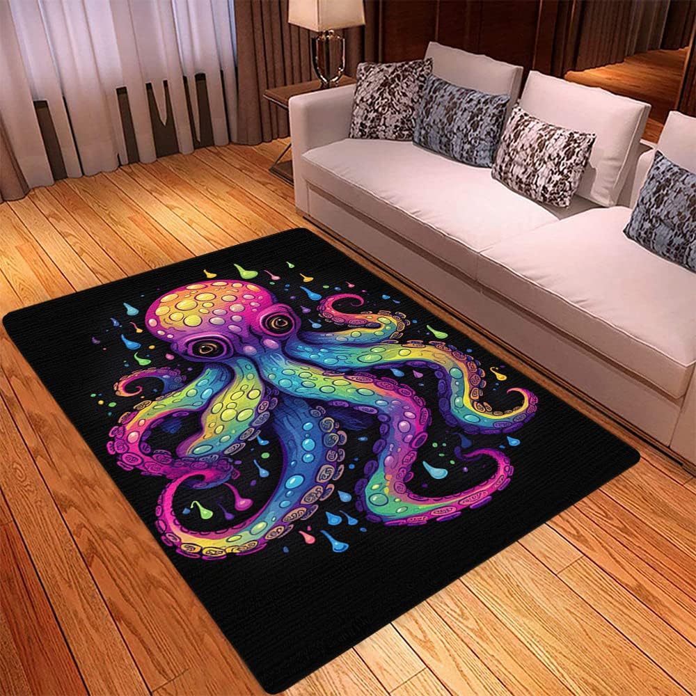Octopus Printed Carpets - Colorful Octopus Bath Rug - Custom Octopus Rugs for Bedroom 3x5, Large Octopus Area Rug for Bathroom Living Room, Washable Rug Octopus for Decor, Octopus Rugs Outdoor