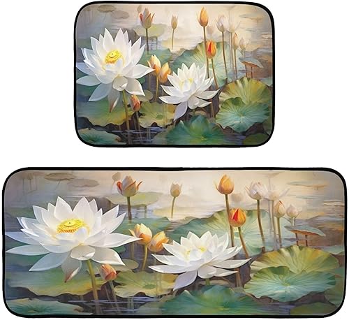 Kigai Juego de 2 tapetes de cocina de flor de loto, antideslizantes, lavables, acolchados, antifatiga, tapete de cocina cómodo para cocina, baño,