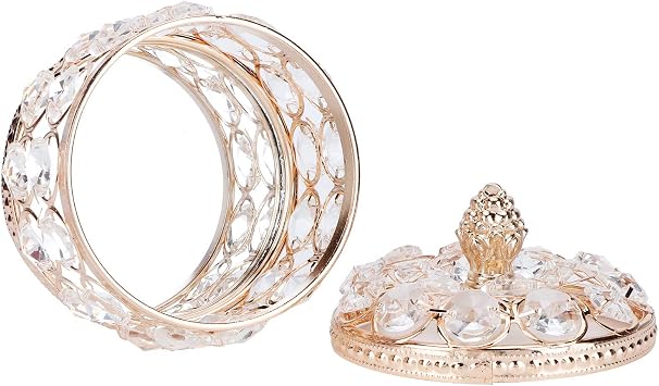 Crystal Jewelry Trinket Box with Glass Lid,Crystal Decorative Jewelry Box,Earrings Rings Bracelets Storage Box for Wedding Birthday Gift,Gold