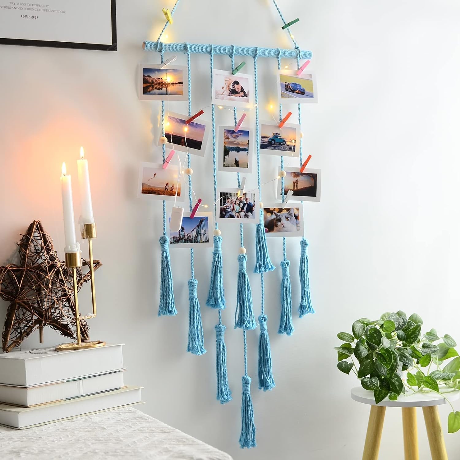 Macrame kn0ts Wall Photo Hanging with 10 Clips Best for Bohemian Home Wall Decor, Aesthetic Room Decor, Decorate Your Room, Home Decor Item for Room (Photos not Included) (Sky Blue) (B0CKV44L6Z) Amazon Price History, Amazon Price Tracker