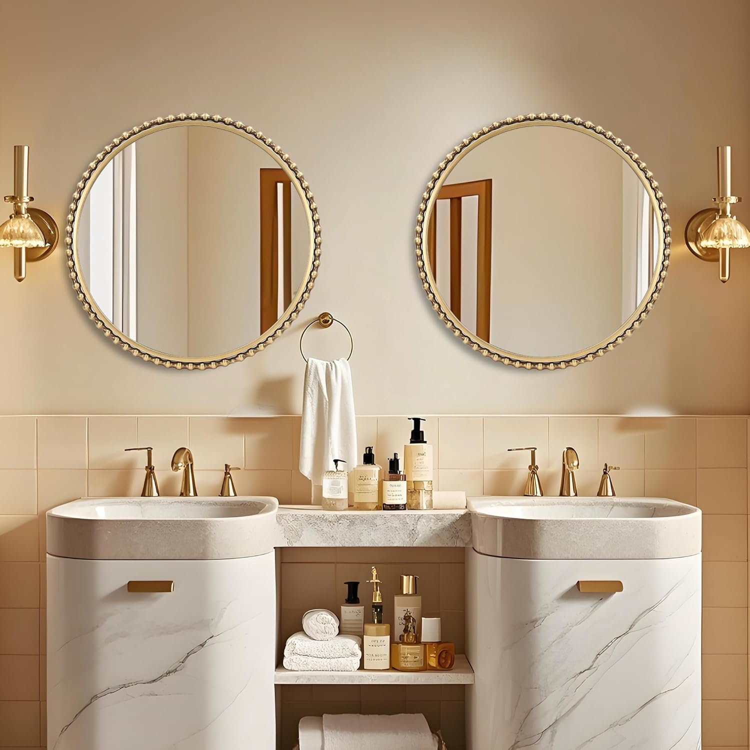 30 Inch Round Gold Bathroom Mirror – Antique Gold Beaded Frame, Large Vintage Decorative Wall Mounted Mirror for Vanity, Bedroom, Living Room, Entryway, 30" Round Gold Accent Mirror