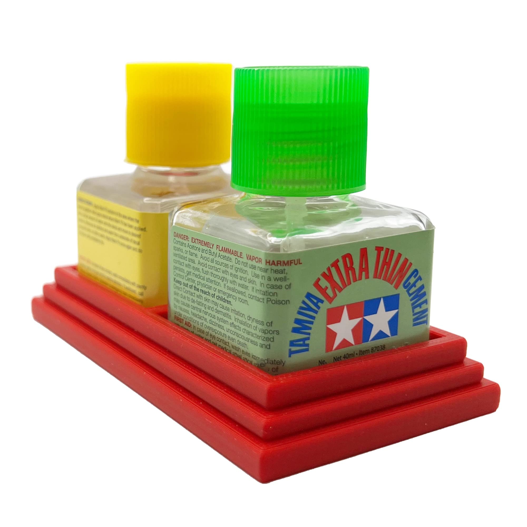Red holder untuk dua botol Tamiya Cement 40ml - solusi rapi di meja kerja