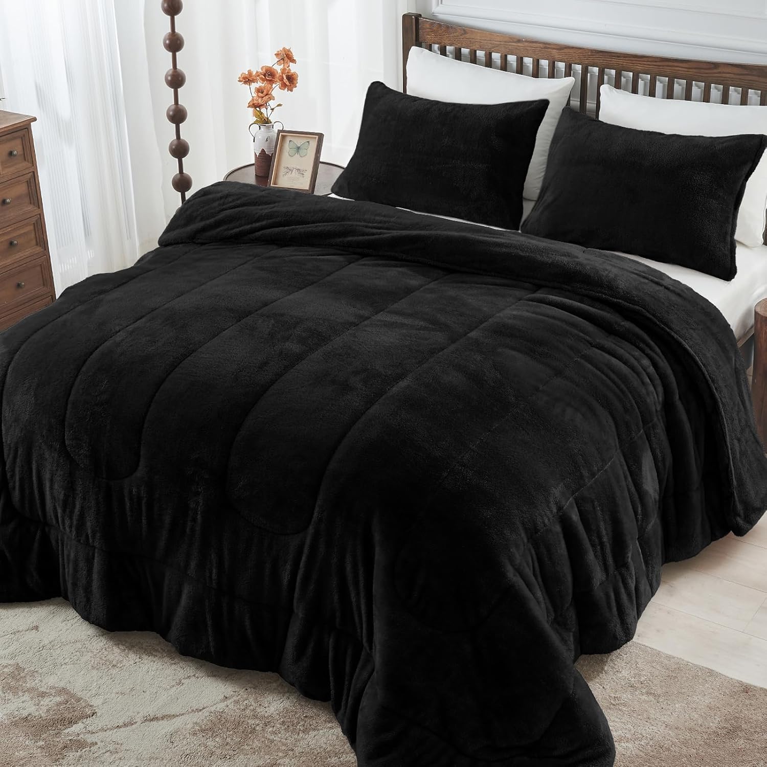 Faux Fur King Size Comforter Set, Super Soft Double-Sided Fuzzy Bedding Comforter Sets, 3 Pieces Cozy Warm Fluffy Plush Bed Comforter for Winter, Non-Shedding (90"x104", Black) Black King