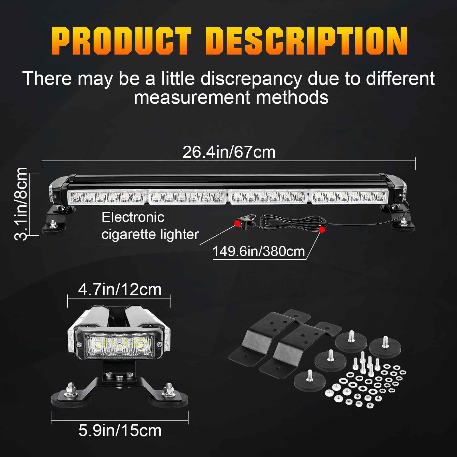 Willpower Stroboskopowa listwa świetlna LED 26 cali 54 diody LED, bursztynowa biała magnetyczna migająca lampa błyskowa do przyczepy do samochodu, ciężarówki, offroad 4x4, samochodu, światła