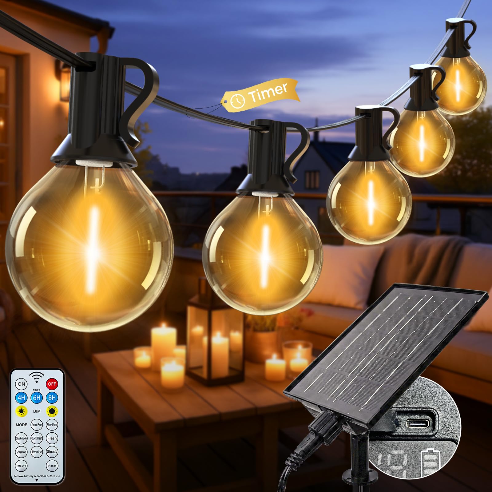litogo 30M/98Ft Solar Festoon Lights Outdoor with Remote, 40+2 Bulbs Solar String Lights Outdoor Garden Dimmable, 8 Modes Timer Patio Light for Outside Wedding Backyard Party Camping (Warm White) — image 1