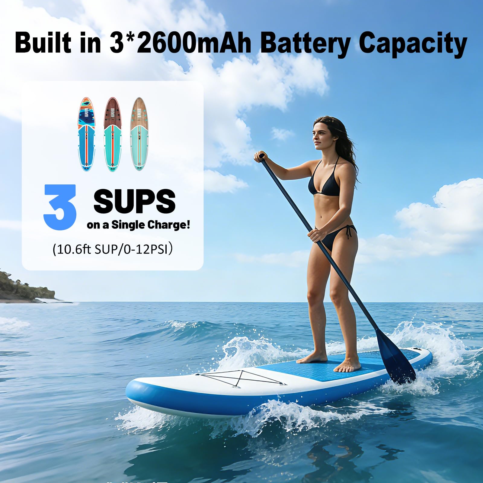 WARMTUYO SUP Pompa Elettrica, 22 PSI Pompa Aria Elettrica SUP ad Alta Pressione Ricaricabile, Intelligente Inflazione/Deflazione, Auto-Off per Tavole Gonfiabili Paddle Boards, Barche, Kayak, Kitesurf