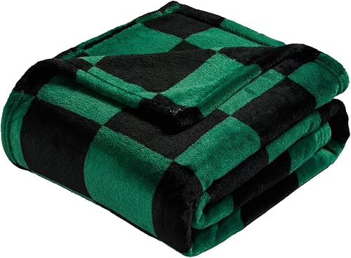 Vessia Manta de tablero de ajedrez negro y verde (50 x 70 pulgadas), manta de franela de tablero de ajedrez verde para sofá, cama, sofá, 300 GSM,
