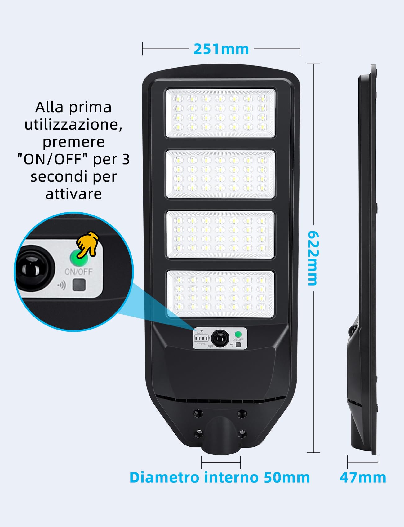 Aigostar- 2Pz 200W Lampione Solare da Esterno con Sensore di Movimento, Telecomando, Impermeabile IP65, 2000LM Luce Fredda 6500K, Lampioni Solari LED per Giardino, Cortile, Strada,Non Include il Palo