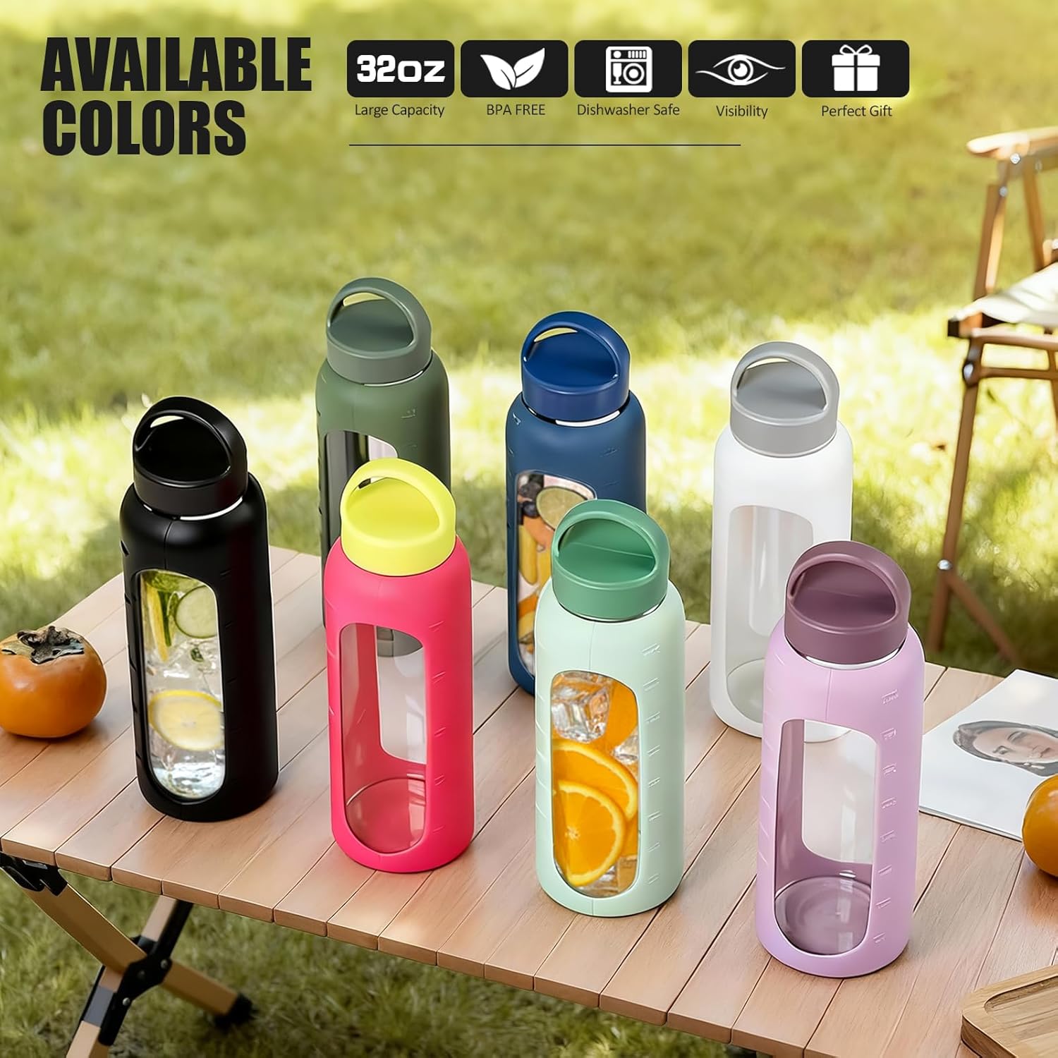 Kodrine 24oz Glass Water Bottle With Straw-2 lids-Reusable Daily Water Intake Glass Bottle with Measurements,Silicone Sleeve, Time Marker, Cupholder Friendly for Home,Gym,Sports-Olive - Image 7