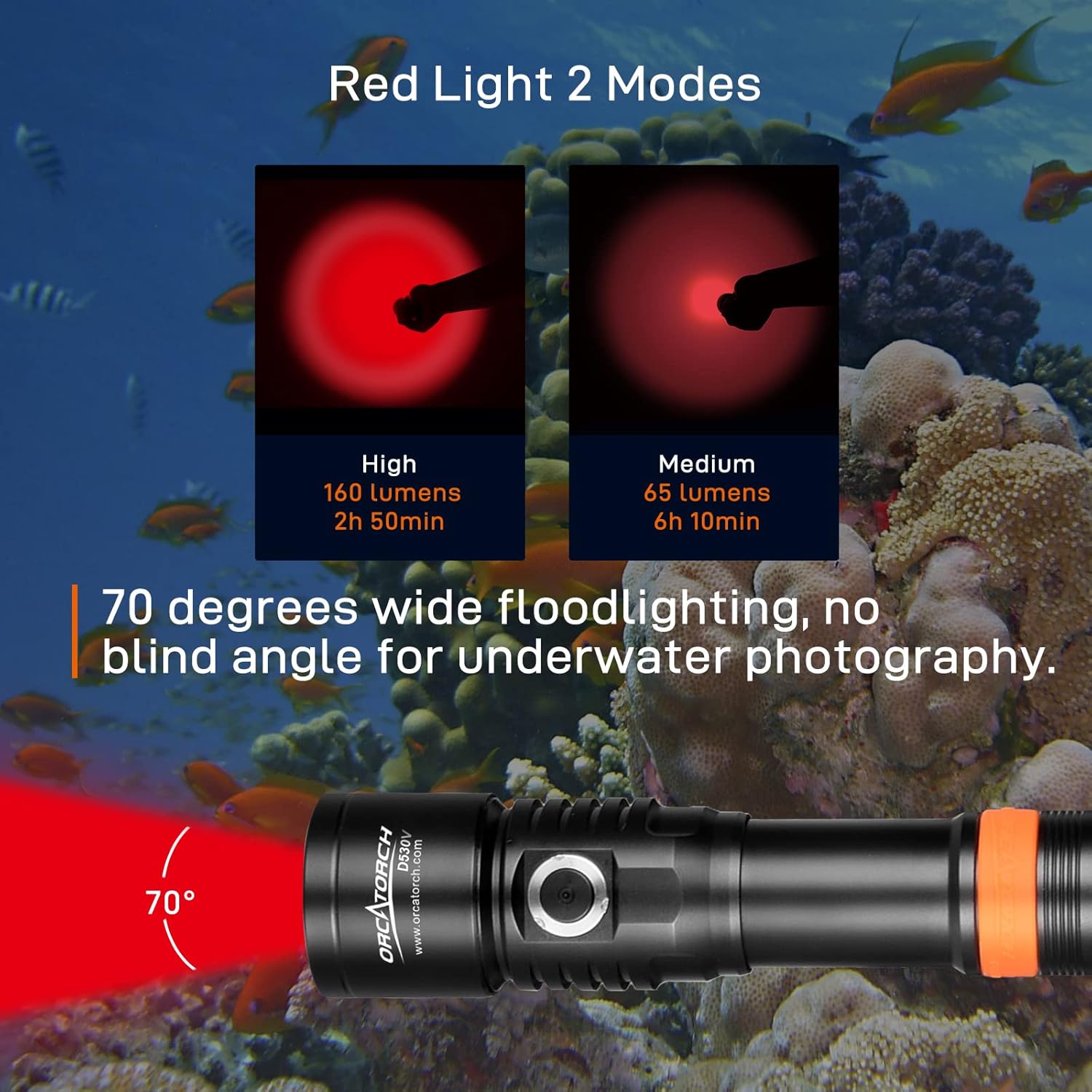 ORCATORCH D530V Red LED Dive Light 160 Lumen Scuba Diving Video Light 120 Degrees Wide Beam Angle, Underwater 150 Meters Diving Photography Light with Safety Lock Function and Battery Power Indicator - Image 2
