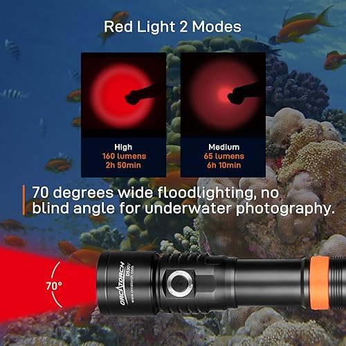 Vista 15 de ORCATORCH D530V 1200 lúmenes de luz de video subacuática, linterna de buceo de haz súper ancho de 120°, 2 modos con rótula ZJ18, IP68 impermeable