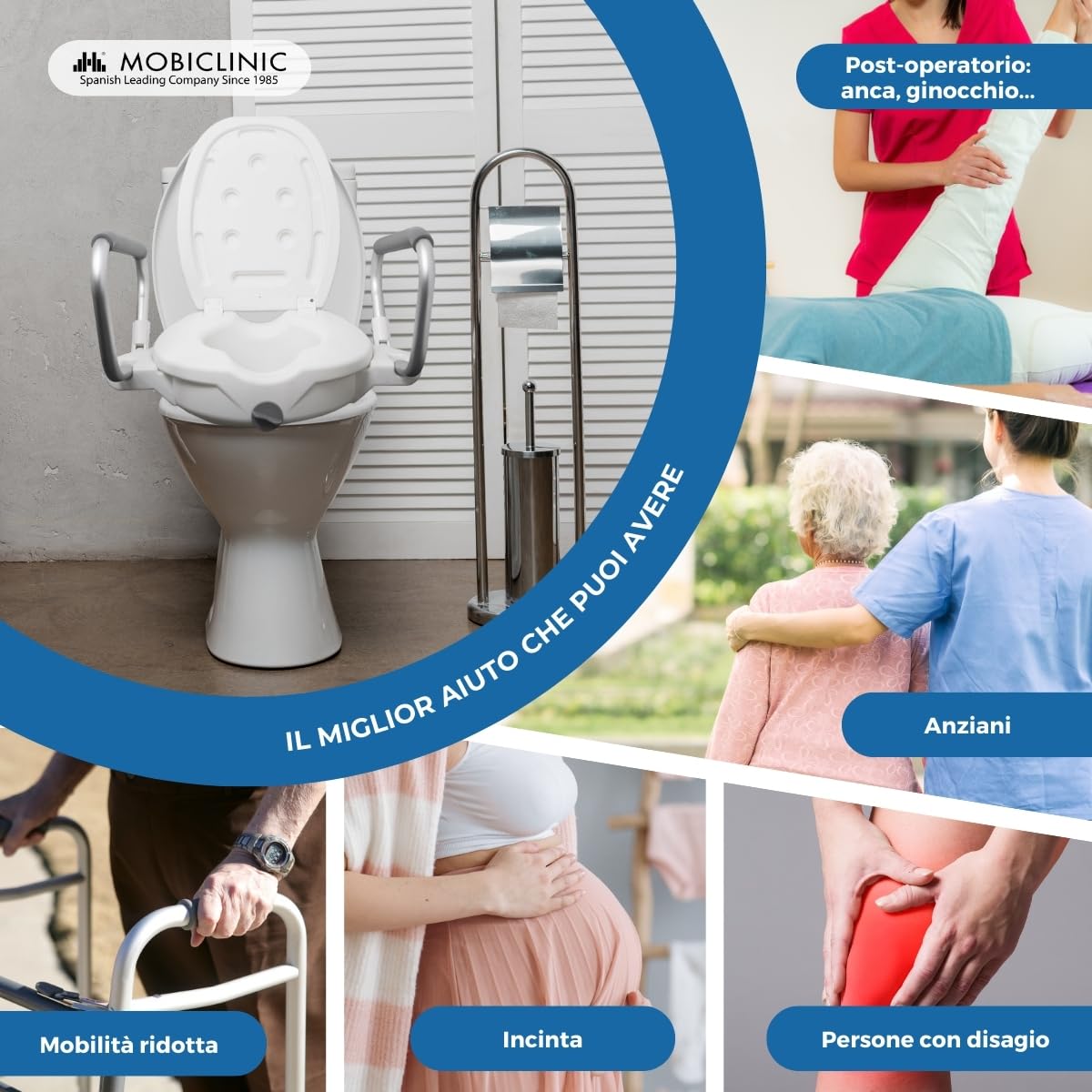 Mobiclinic®, Rialzo wc per anziani, 17cm, Con braccioli pieghevoli imbottiti, Coperchio, Adattabile a ovali, Ergonomico, Leggero, Sicuro, Marchio spagnolo, Modello guadiana