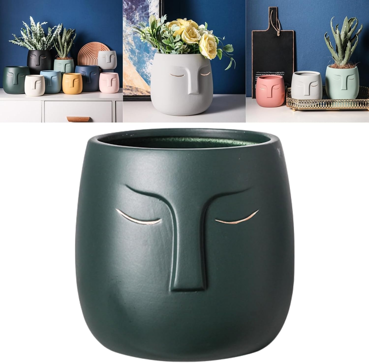 Face Planter (Beige, Small, with Hole, Without Tray) - Ceramic Plant Pot for Succulents, Flowers, and Small Plants - Nordic Minimalist Vase for Indoor and Outdoor Home Decor