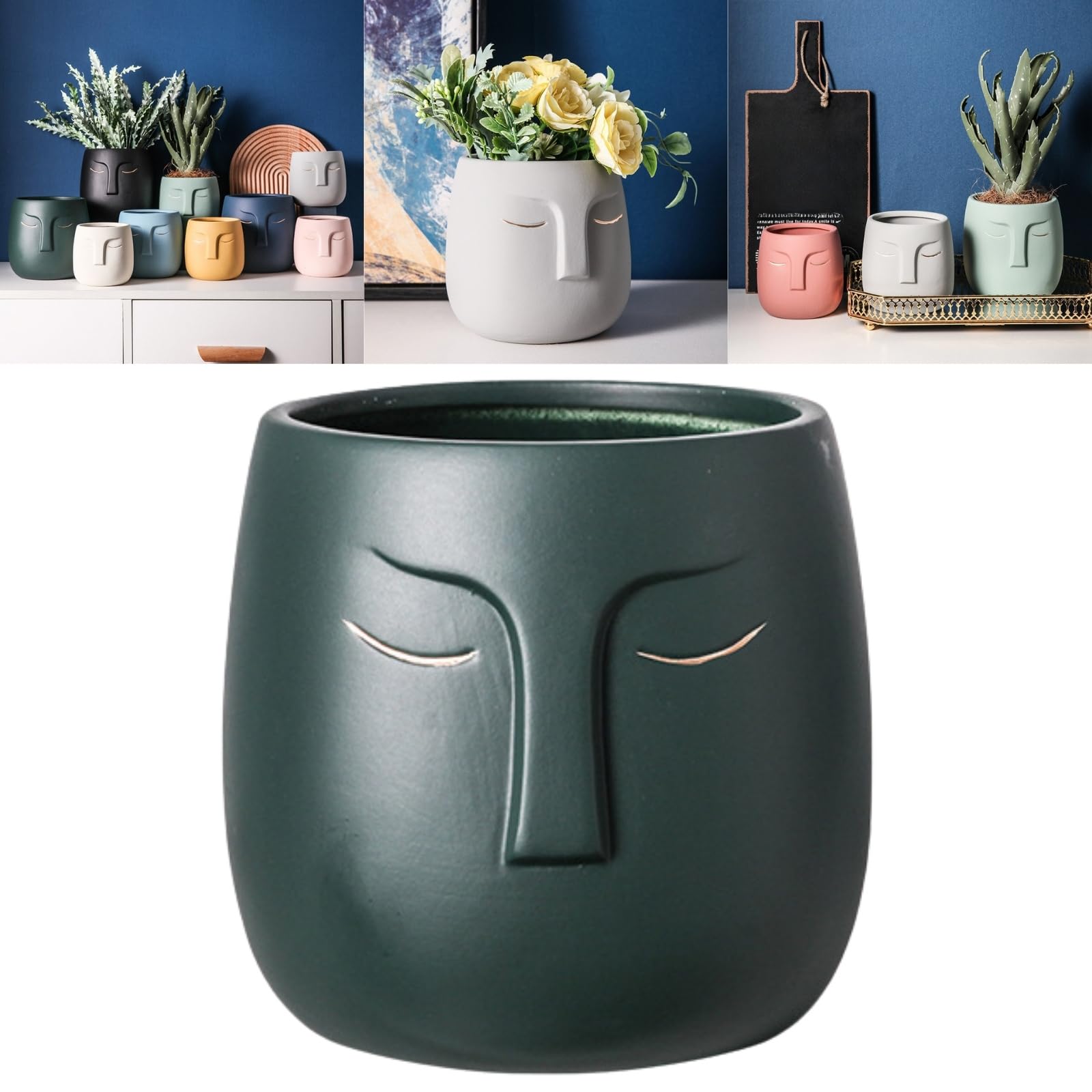 Boxonly Face Planter (Forest Green, Medium, With Hole, Without Tray) - Ceramic Plant Pot for Succulents, Flowers, and Small Plants - Nordic Minimalist Vase for Indoor and Outdoor Home Decor