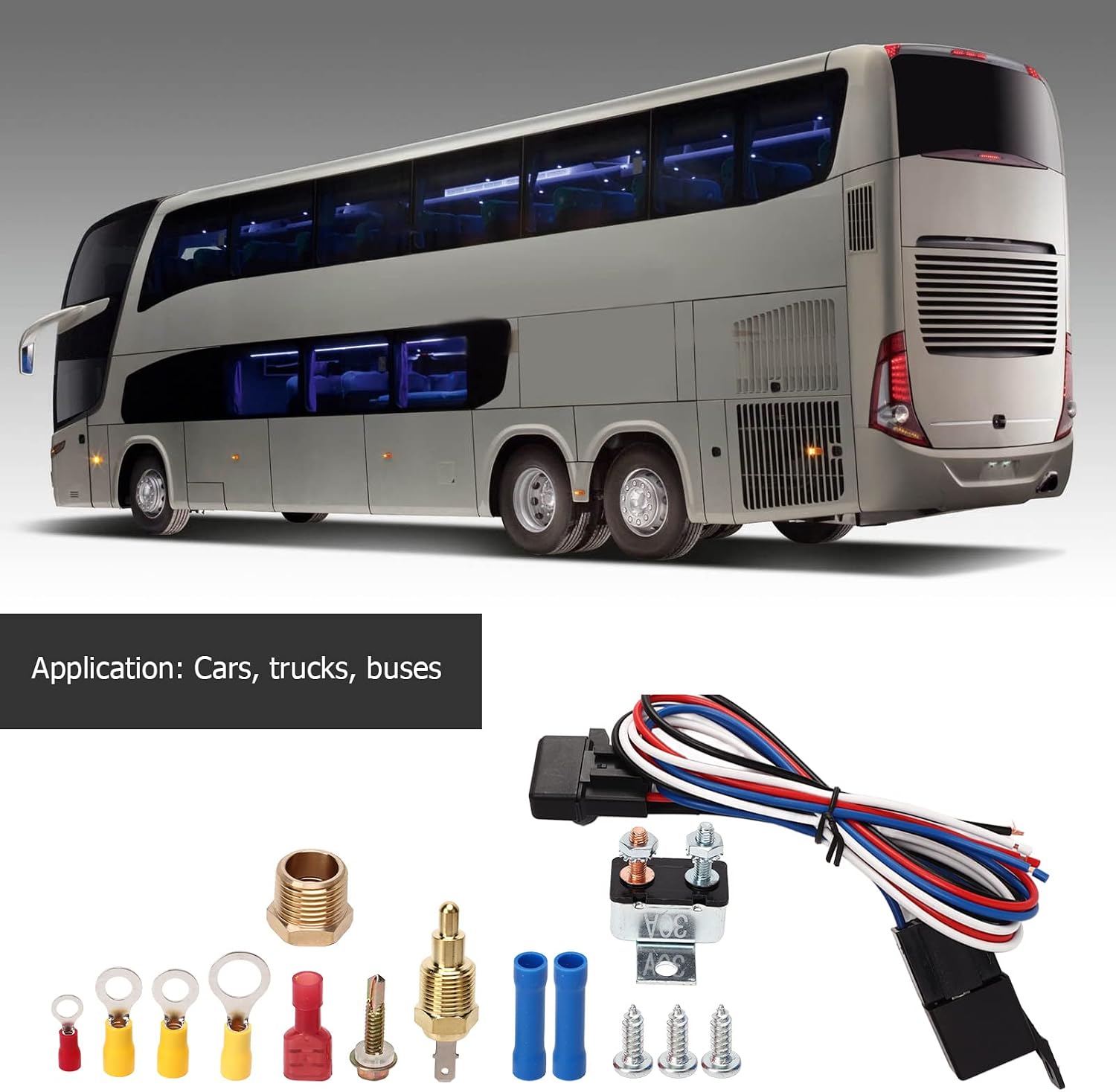 12V Electric Radiator Fan Thermostat Control Relay Wire Kit, Complete Cooling Fan Relay Kit with Adjustable Thermostat for Cars Trucks Buses, ABS Housing
