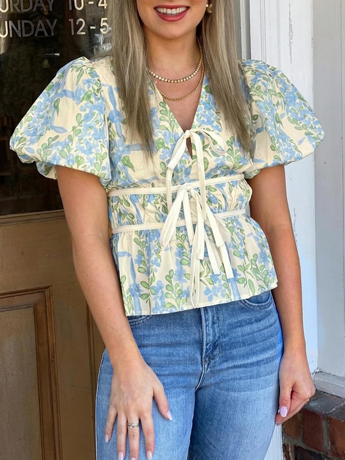 Cicy Bell Womens Puff Sleeve Tie Front Tops Summer Babydoll Peplum V Neck Blouse Casual Dressy Pleated Floral Print Shirts - Image 3