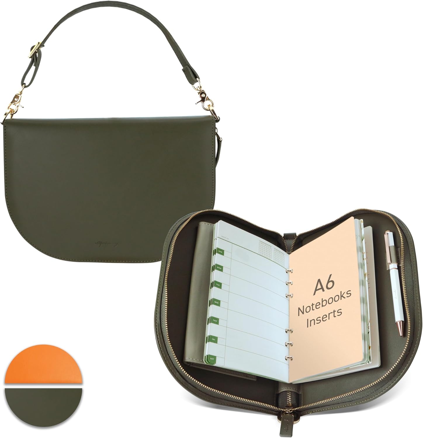 EGOSUNNY®The Luna Leather Journal, A6 6-Ring Refillable Binder (4.9" x 7.4") with 3 Detachable Notebooks and Metal Ballpoint Pen – Convertible Shoulder Bag – Planner for Work, School & Personal Use