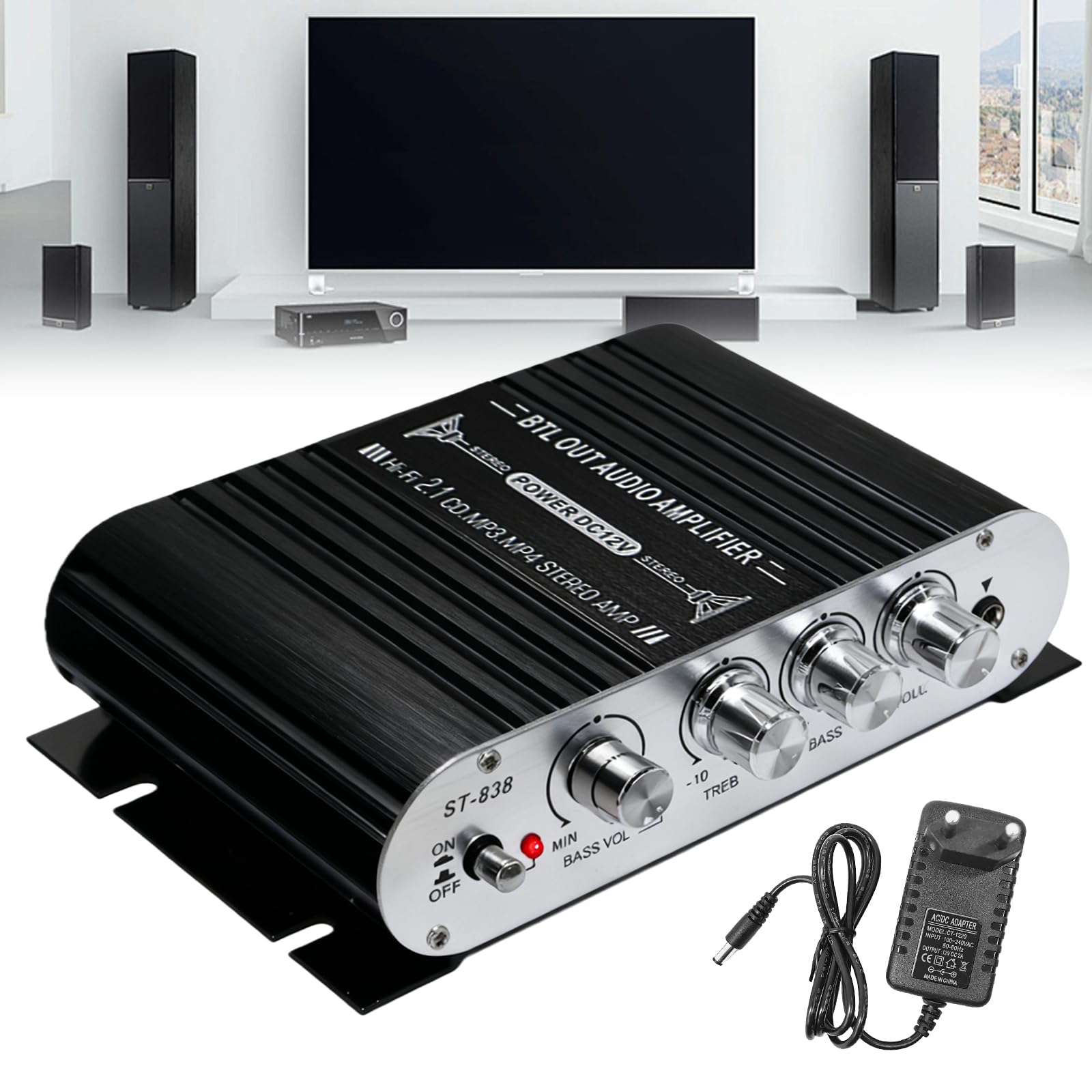 HiFi wzmacniacz audio, RMS 20 W x 2 + 40 W ST-838 mini wzmacniacz HiFi z wyjściem subwoofera, wzmacniacz stereo Class D 2.1CH z kanałem AUX do domu, głośnika samochodowego (w zestawie adapter sieciowy