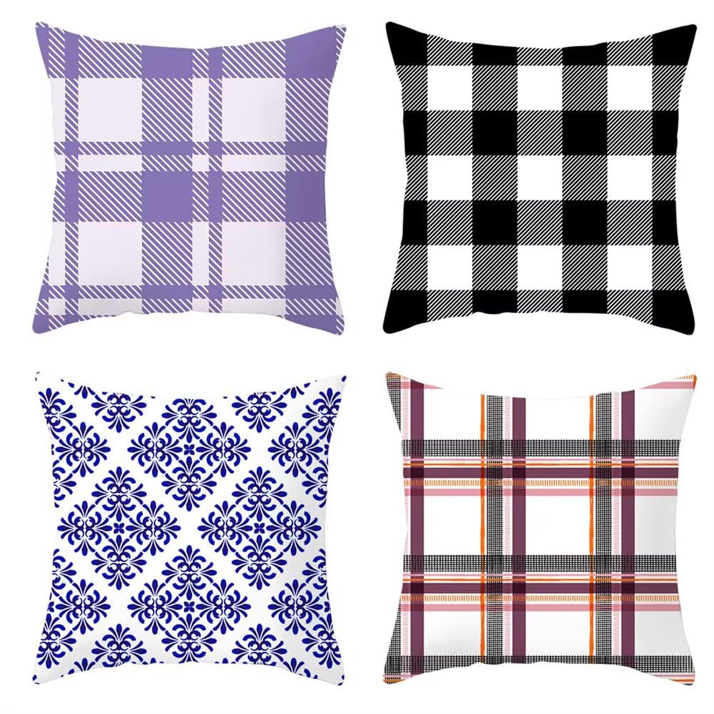 Rayas Azules a Cuadros Fundas de Cojines 55x55cm, Juego de 4 Fundas de Cojines, Impermeable Lino Doble Cara Cuadradas Decorativos Cojines para al Aire Libre Sala de Estar Sofá Decoración