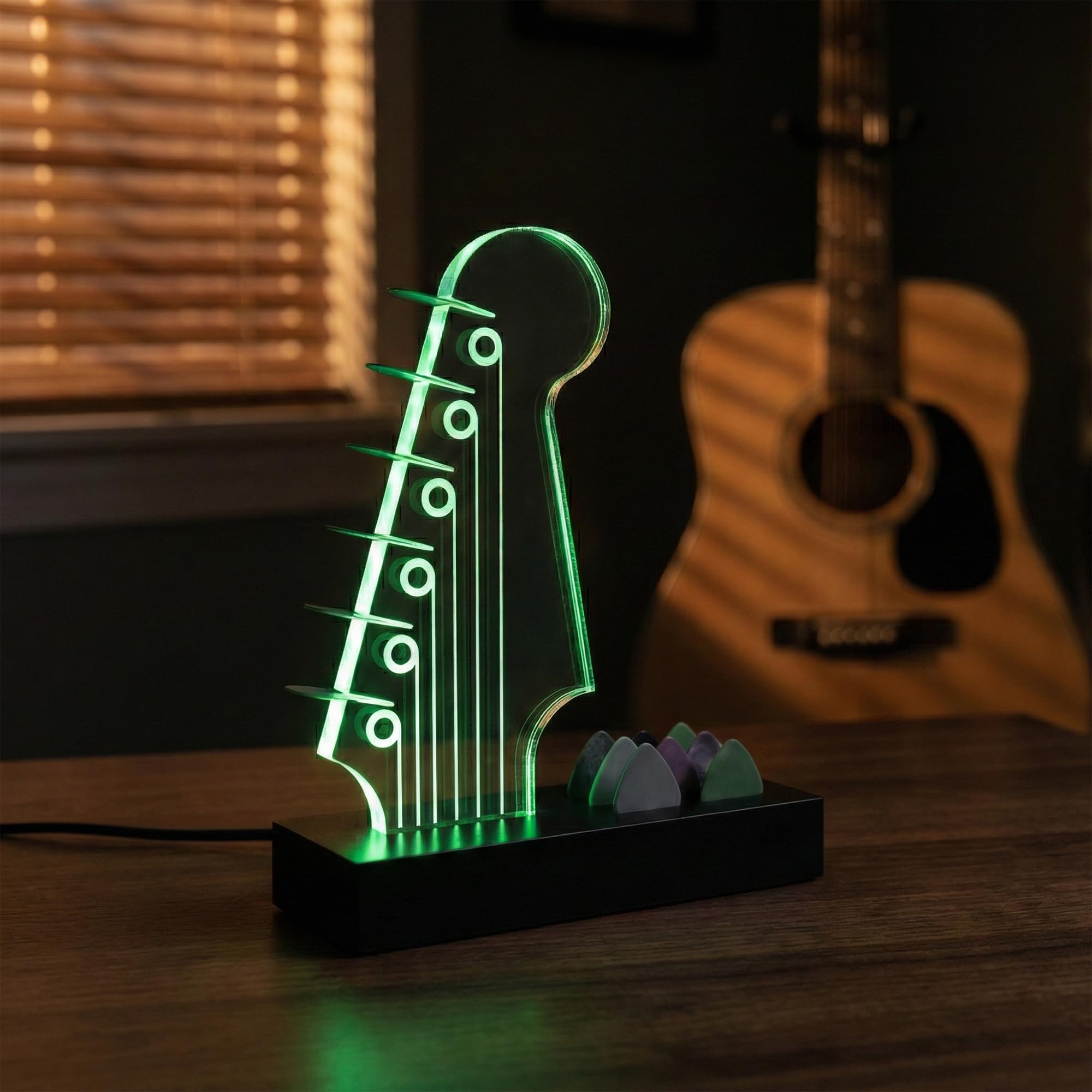 Soporte para púas de guitarra iluminado: diseño de cabezal de guitarra eléctrica, luces que cambian de 7 colores, regalos de guitarra para los amantes de la música, exhibición de púas de guitarra con