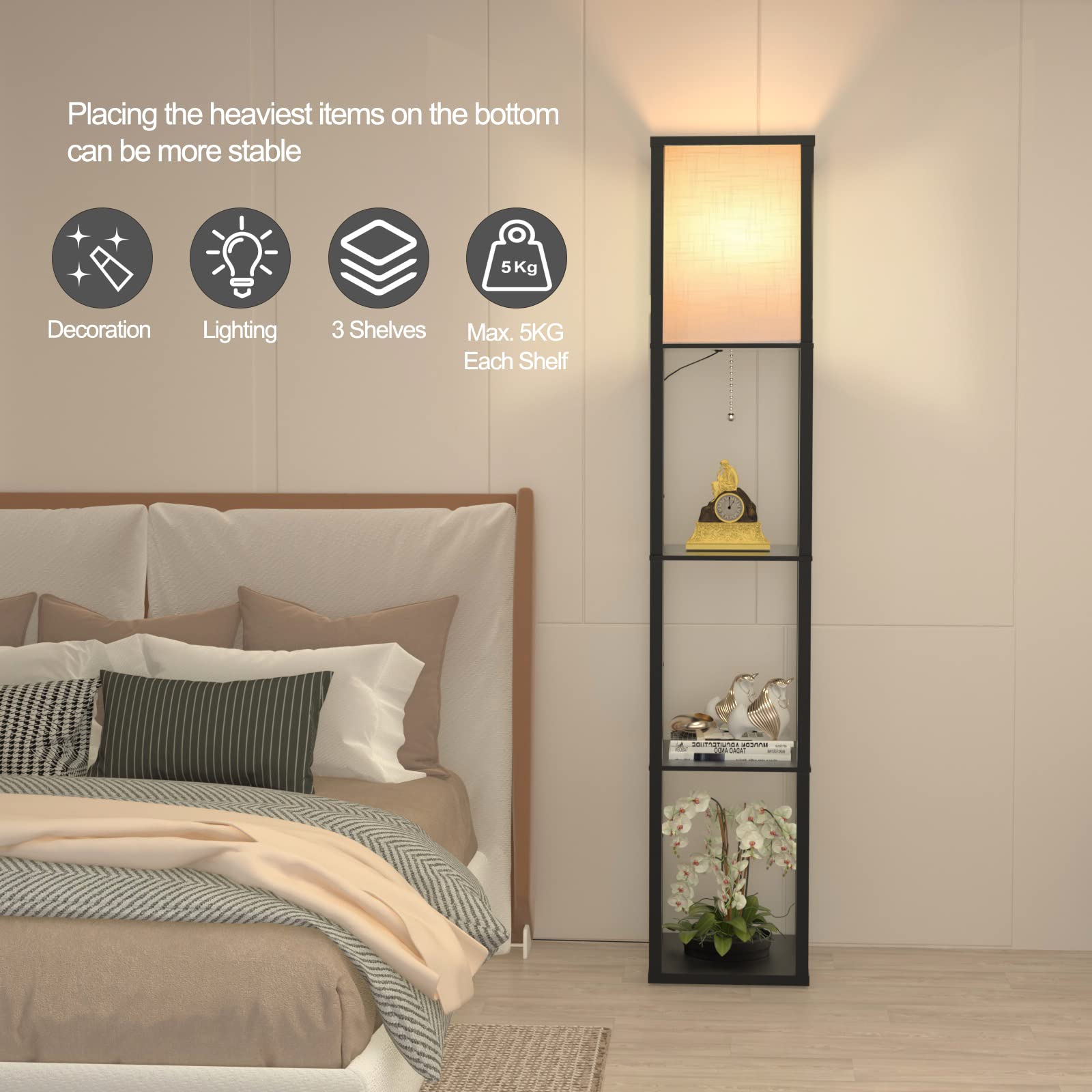 Lampada Da Terra OUTON Con Scaffale - Dimmerabile Telecomando, 160cm, USB, Marrone