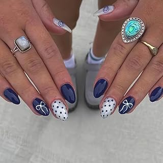 24 Stück Press on Nails Kurz Mandel Blau, Press on Nails Kurz Sommer, Komplettes Set mit Maniküre Zubehör für DIY Maniküre