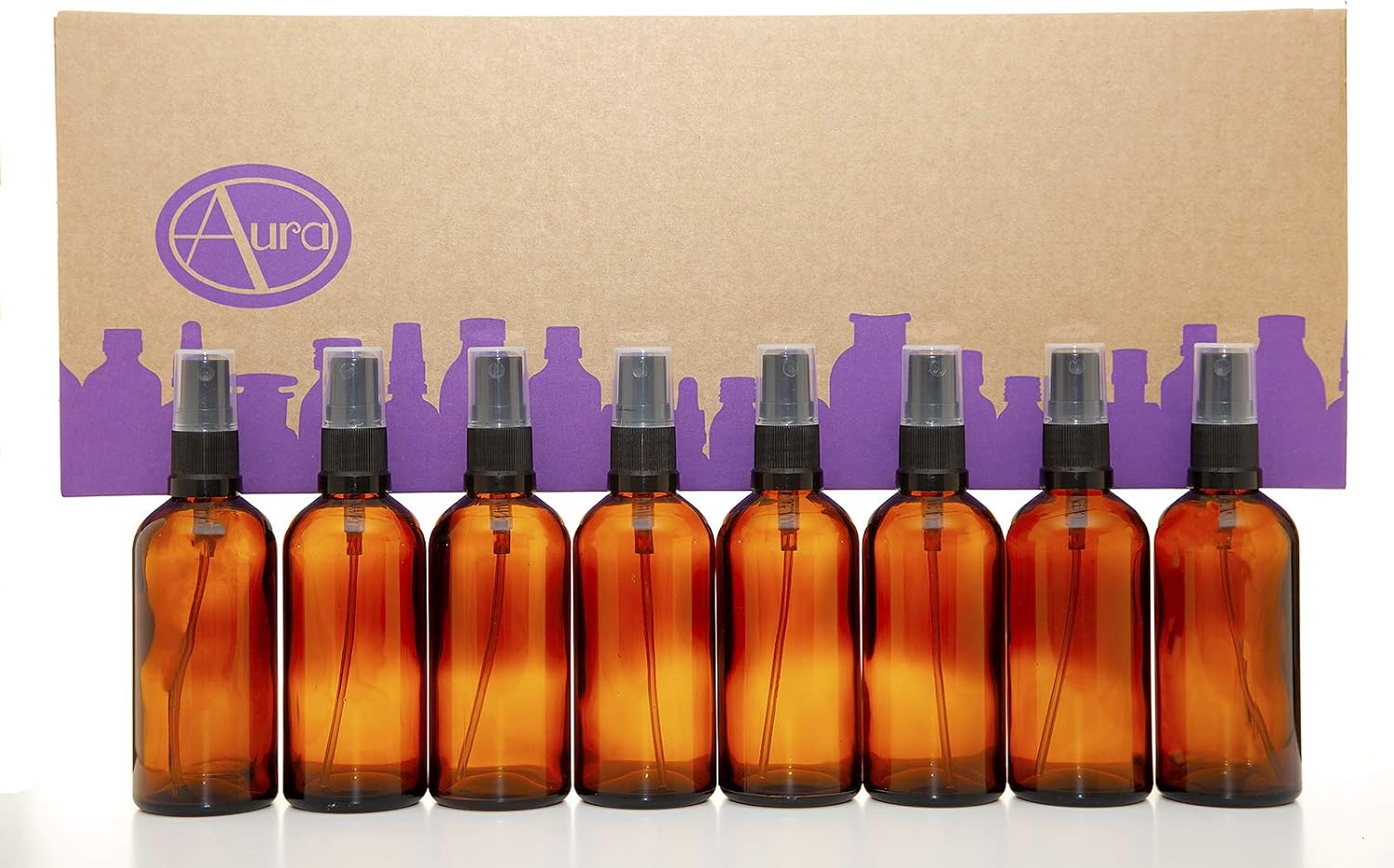 Aura 100ml AMBER Glass Bottles with Black ATOMISER Sprays - PACK of 8 - Image 4