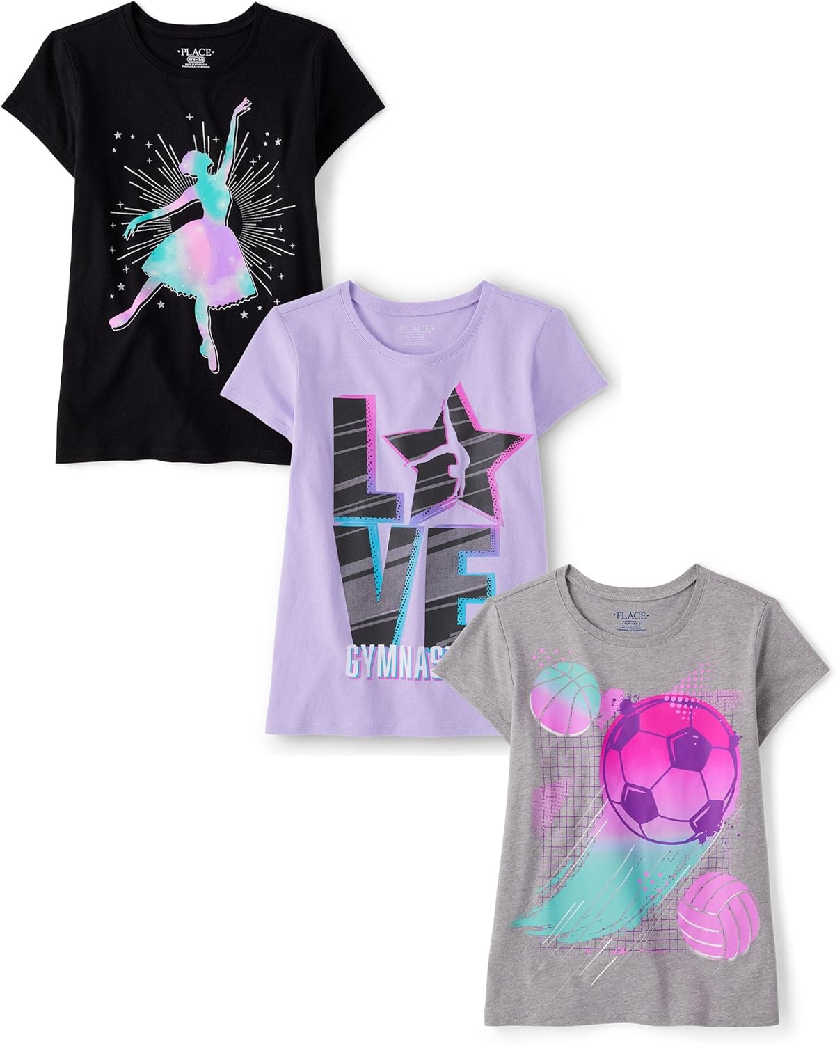 The Children's Place Girls Sports,Trends,Icons Short Sleeve Graphic T-Shirts,3 Pack