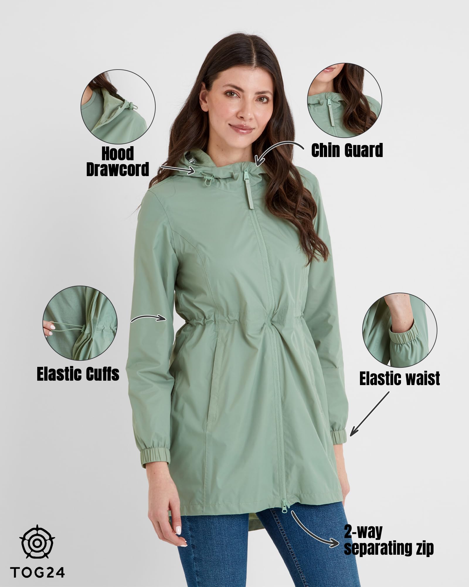 TOG24 Kilnsey Damen Lang Regenjacke Leicht Wasserdicht Windbreaker Übergangsjacke Atmungsaktiv Regenponcho Regenparka mit Kapuze