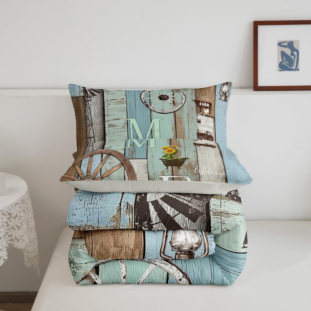 Rustic Farmhouse Cabin Bedding Set Retro Western Wooden Board Wheel Comforter Set King,Farm Animal Sunflower Comforter For Lodge,Pastoral Country Planks Quilt Duvet Teal Brown Home Room Decor 3 Pcs