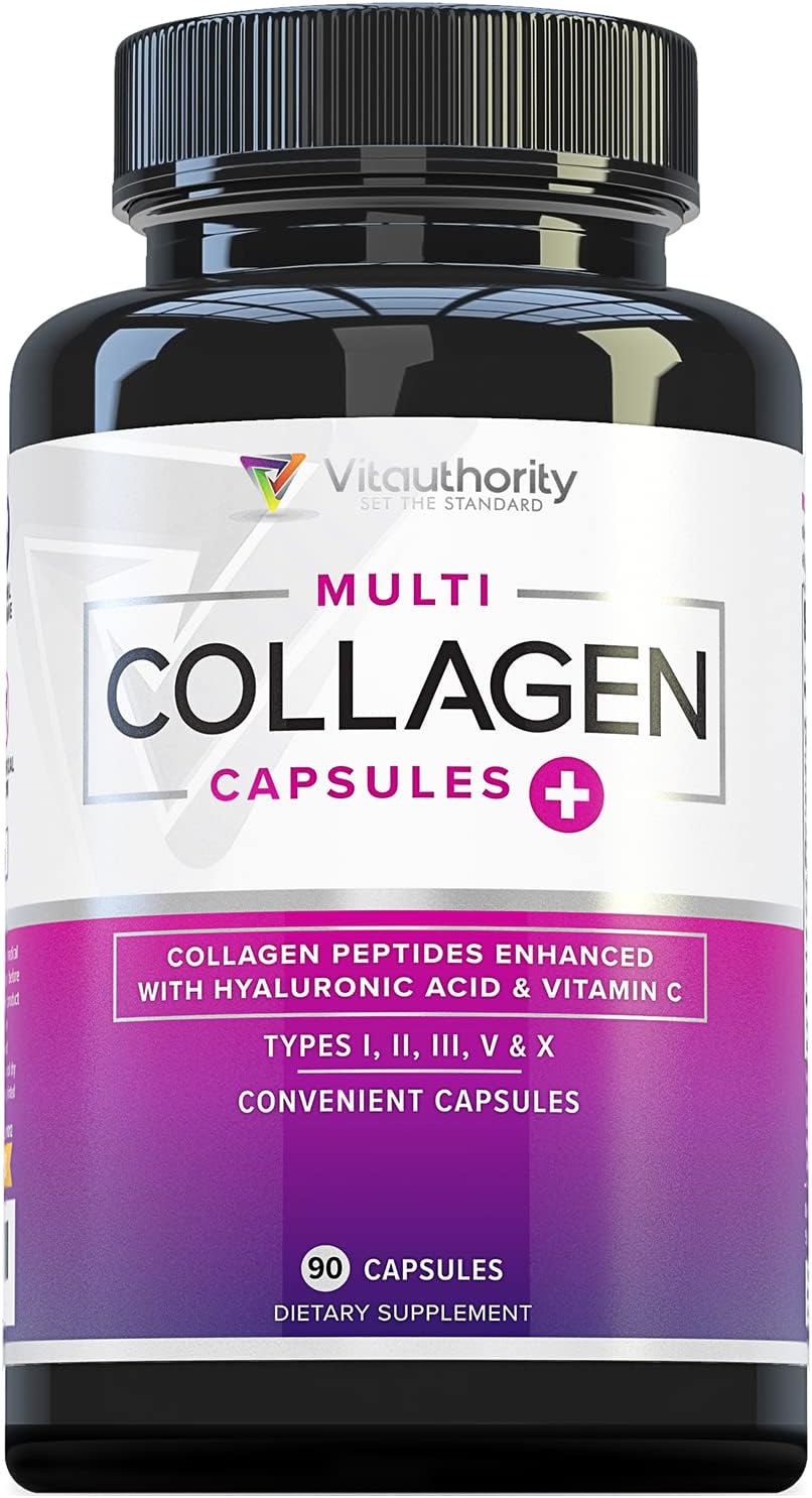 Vitauthority Multi Collagen Pills for Women and Men High Absorption Hydrolyzed Collagen Peptides Capsules for Hair Skin and Nails with Types I II III V X Hyaluronic Acid and Vitamin C - 30 Servings
