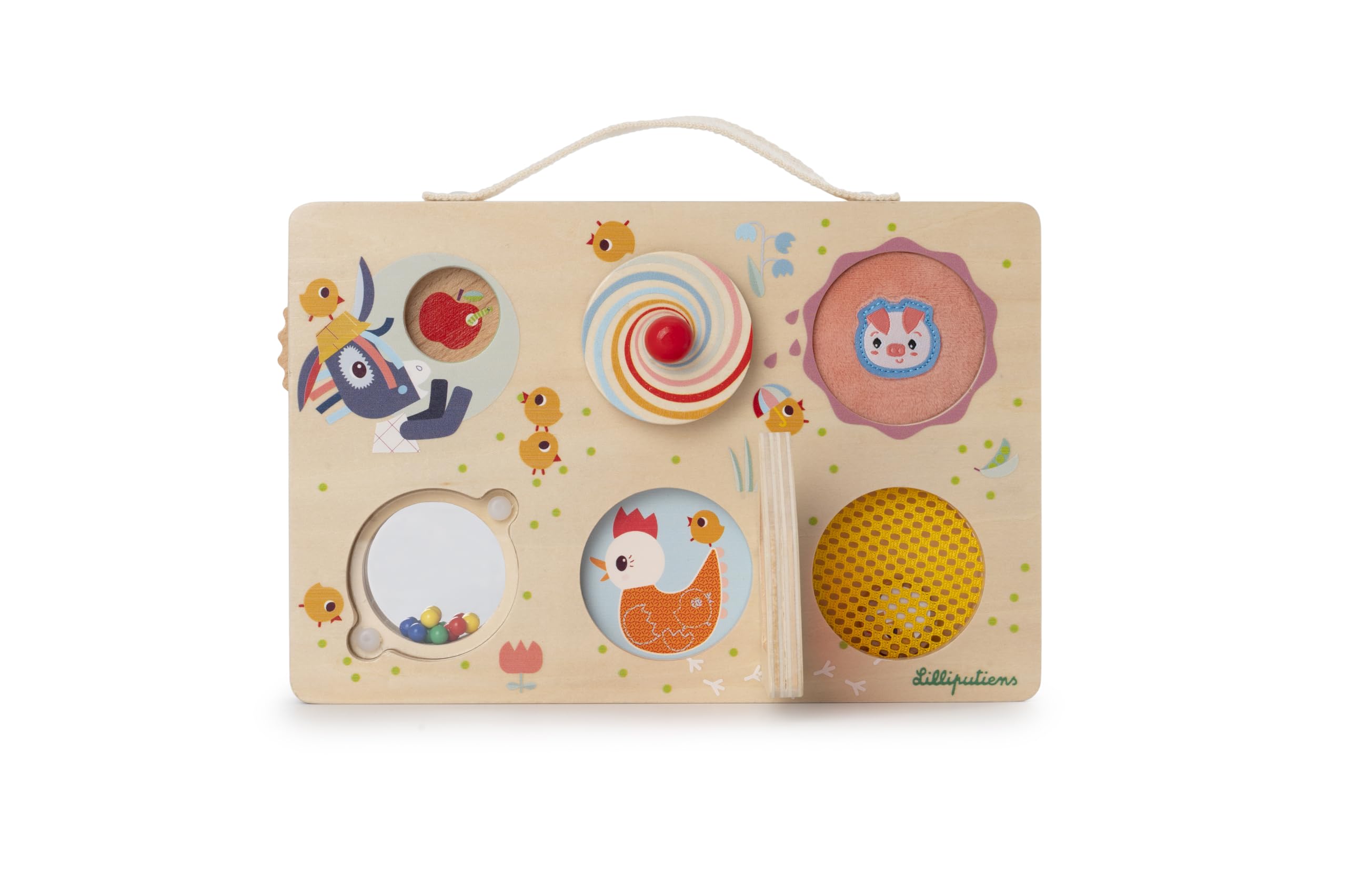 LILLIPUTIENS - Panneau d'Activité Ferme - Busy Board pour Bébé - Pousse, Tire, Tourne et Glisse pour des Aventures à la Ferme - Valisette Pratique à Transporter - Dès 18 Mois - 83508