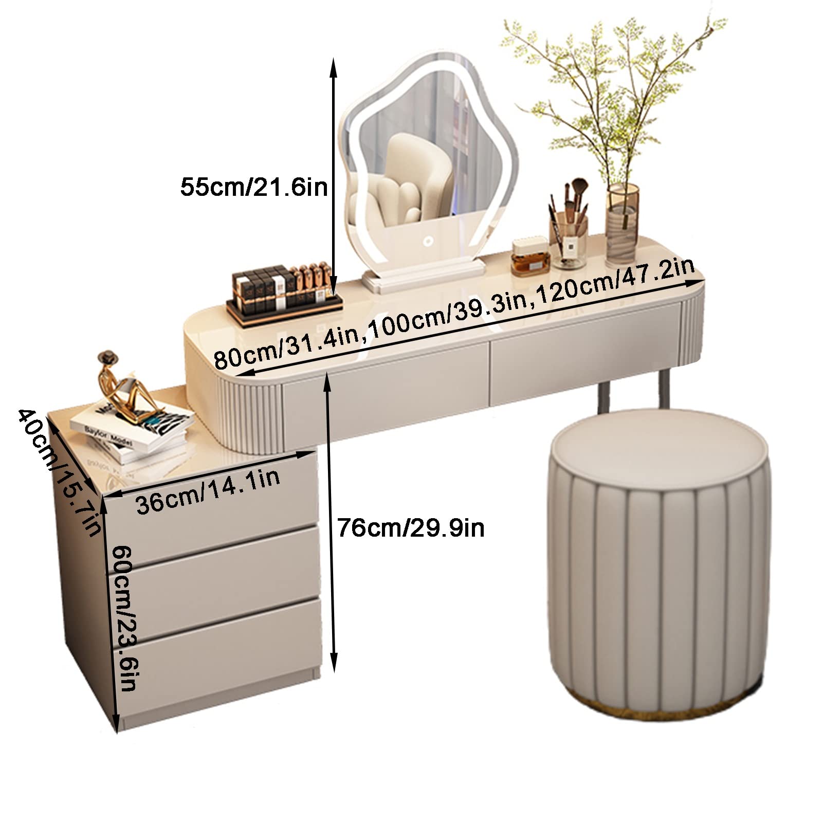 Make Up Tafel Met 360° Draaibare Spiegel En Gecapitonneerde Kruk, Kaptafel Set Met 3-kleuren Verstelbaar Aanraaklicht, Met 2 Opberglades (Color : WhiteA, Size : 100cm/39.3in