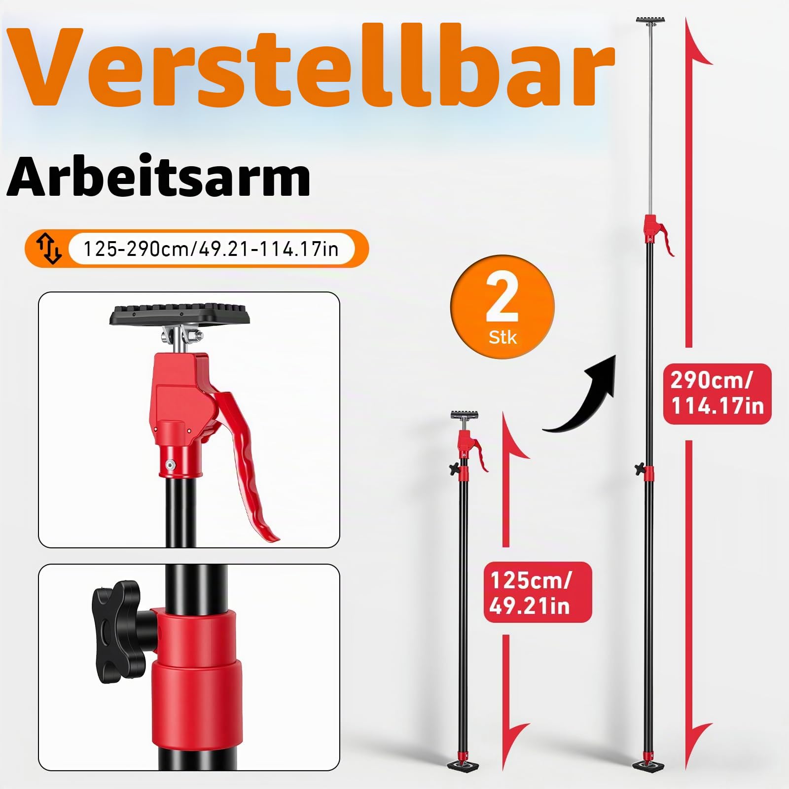 Deckenstütze 2 Stück, Montagestütze Bis 80KG Tragkraft, 125-290cm Teleskopstütze aus Stahl, Einhandstütze für Wände, Decken, Türzargen, mit Einhandabstützung