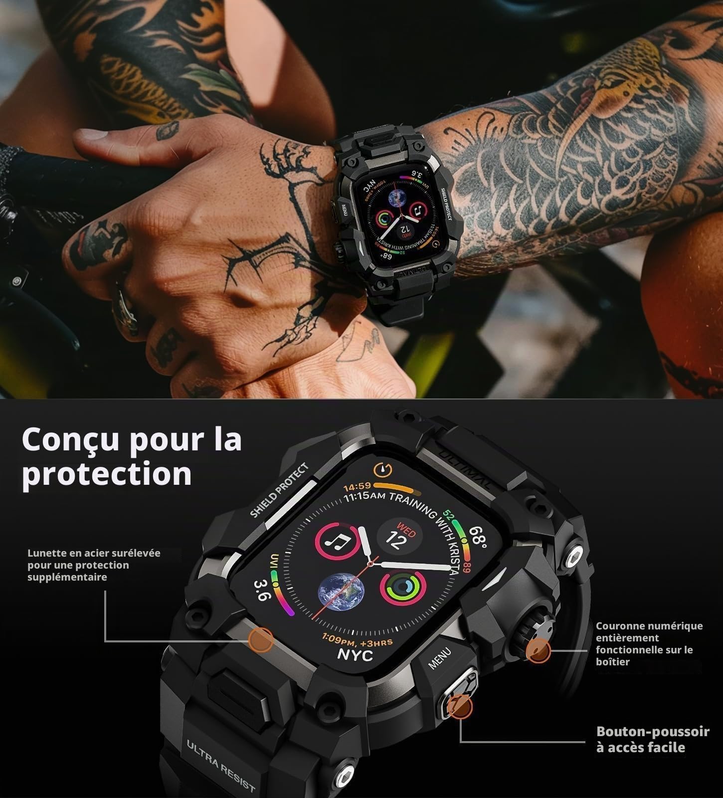 ULTIMAL Sports Bands Compatible with Apple Watch Strap 44mm/45mm, Military Protective Bumper Case, Rugged TPU iWatch Strap, Adjustable Band for Apple Watch Series 9 8 7 6 5 4 SE