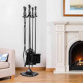 F2C 5 Pieces Fireplace Tools Sets Indoor Outdoor Wrought Iron Large Fire Place Set Tools, Fire Pit Tools,Includes Brush, Shovel, Tongs, Poker, Grabber