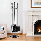 F2C 5 Pieces Fireplace Tools Sets Indoor Outdoor Wrought Iron Large Fire Place Set Tools, Fire Pit Tools，Includes Brush, Shovel, Tongs, Poker, Grabber
