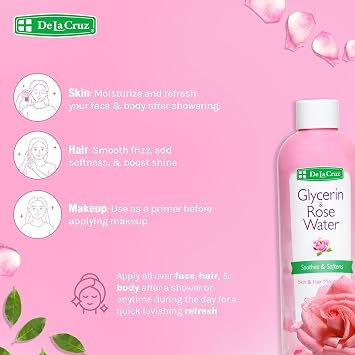 De La Cruz Glycerin Rose Water, Skin & Hair Moisturizer, 8 fl oz with Cap | Vegetable Glycerin, Rose Petal Extract, Skin Moisturizer, Hair Shine, Makeup Primer, Free of Alcohol, Cap Bottle