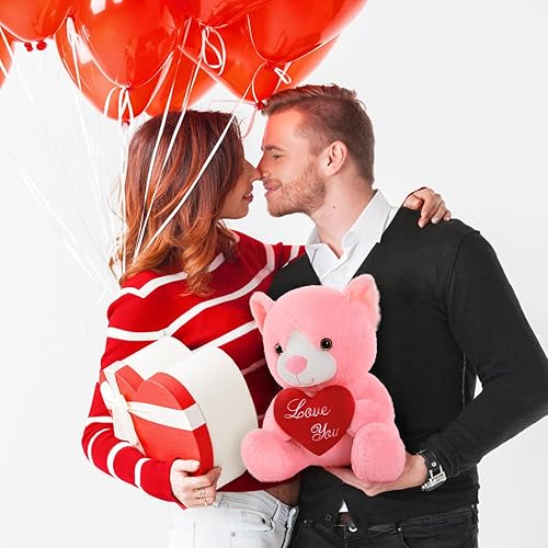 Miniatura 6 de MorisMos Peluche de gato de 12 pulgadas con corazón de amor, gato de peluche rosa para el día de San Valentín, lindo juguete de peluche para novia,
